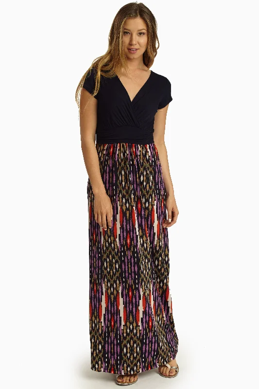 Navy Blue Printed Bottom Draped Maxi Dress Stylish Maxi Dress with Frills