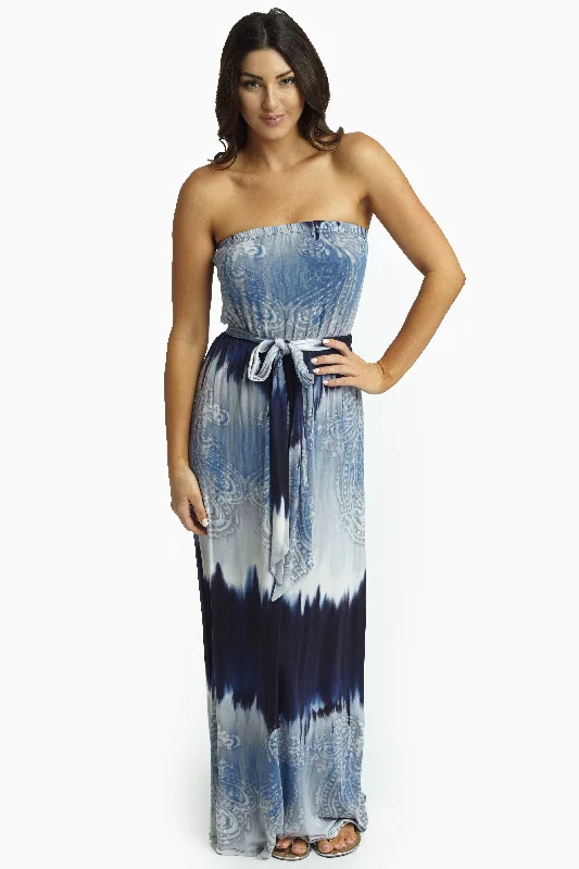 Navy Blue Printed Sash Tie Strapless Maxi Dress Stylish A-Line Maxi Dress