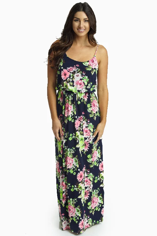 Navy Blue Vibrant Floral Maxi Dress Fashionable Off-Shoulder Maxi Dress