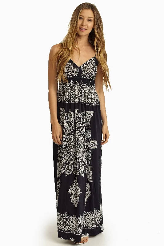 Navy Blue White Printed Maxi Dress Trendy Maxi Dress with Lace