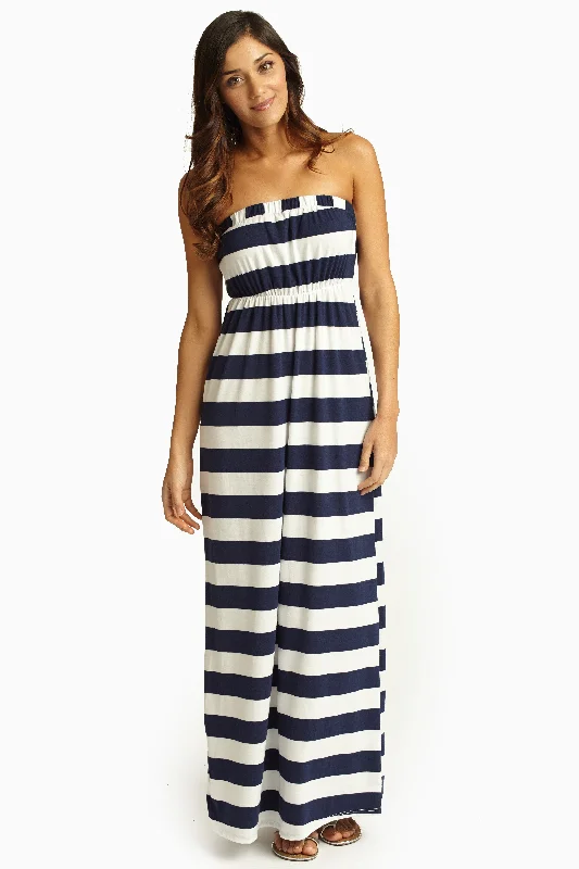 Navy Blue White Striped Strapless Maxi Dress Comfortable Fit-and-Flare Maxi Dress