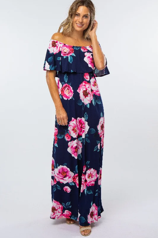 Navy Floral Off Shoulder Flounce Maxi Dress Cozy Ribbed Maxi Dress