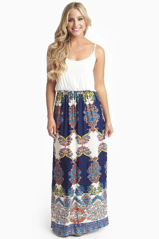 Navy Floral Paisley Printed Bottom Maxi Dress Cozy Maxi Dress with Slit