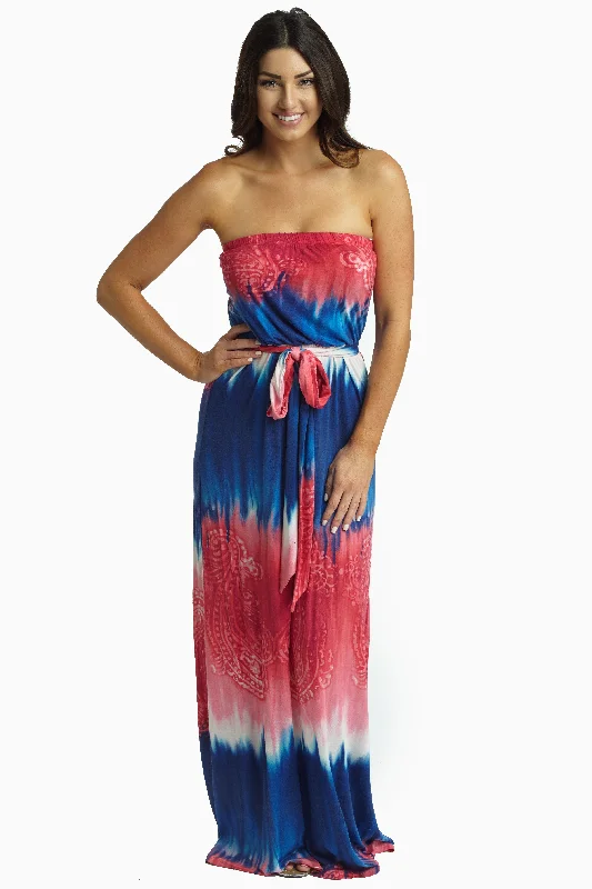 Navy Fuchsia Printed Sash Tie Strapless Maxi Dress Comfortable Plunging Neckline Maxi Dress Navy Fuchsia Printed Sash Tie Strapless Maxi Dress Comfortable Plunging Neckline Maxi Dress