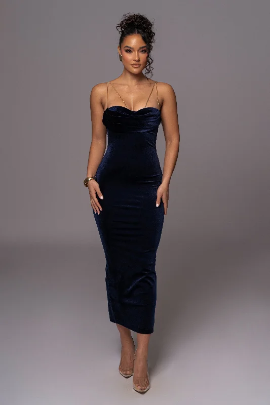 Navy JOSANNA VELVET MIDI DRESS Fashionable Plaid Midi Dress