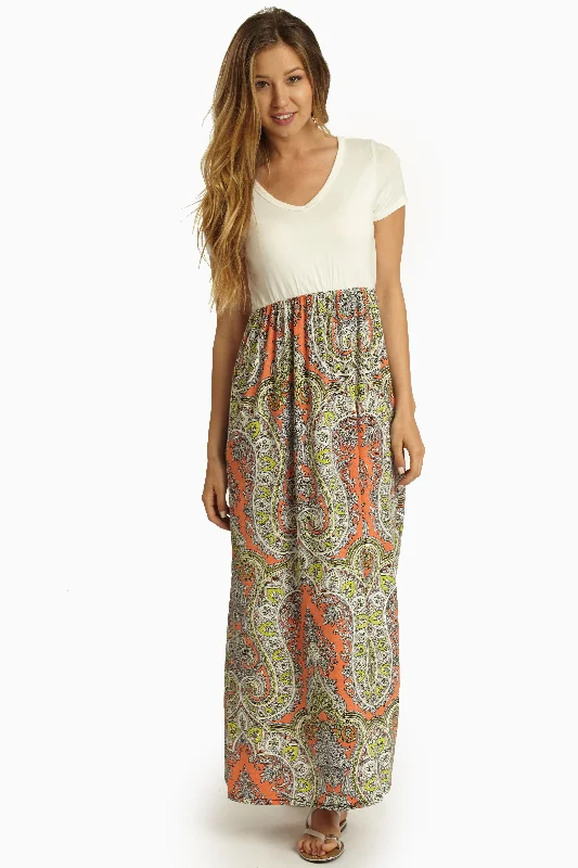 Neon Coral Paisley Print Bottom Maxi Dress Comfortable Maxi Dress with Slits