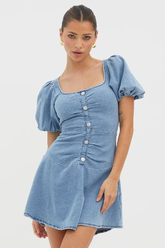 New Heights Puff Sleeve Mini Dress Denim Blue Comfortable Wrap Mini Dress
