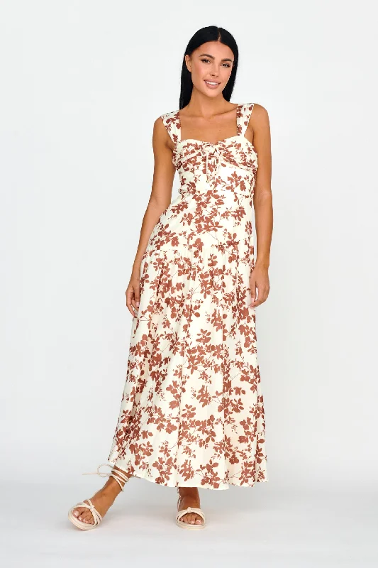 Nichola Ruched Bust Midi Dress Floral Brown Comfortable Ribbed Midi Dress