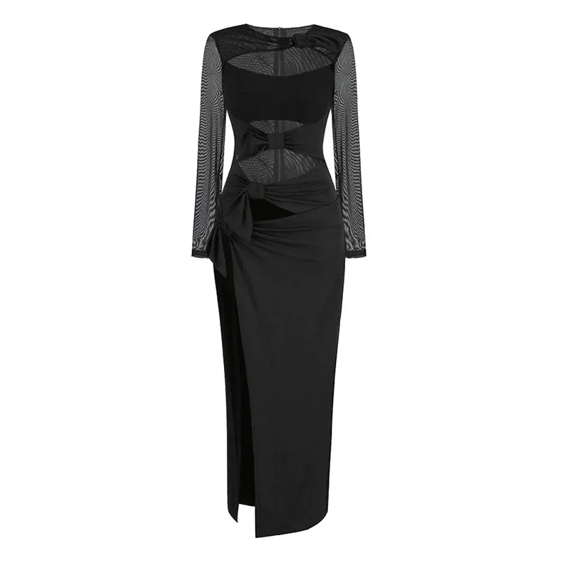 Offbeat Bow Knot Crew Neck Sheer Long Sleeve High Split Cutout Maxi Dress Fashionable Off-Shoulder Maxi Dress Offbeat Bow Knot Crew Neck Sheer Long Sleeve High Split Cutout Maxi Dress Fashionable Off-Shoulder Maxi Dress