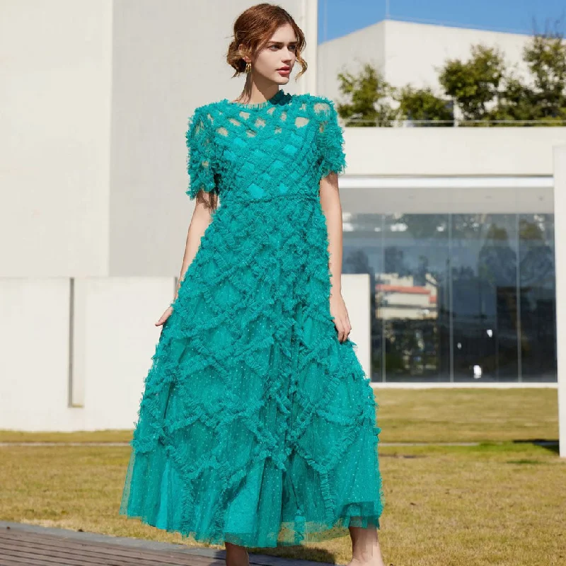 Opulent Crew Neck Sheer Sleeve High Waist A Line Dotted Tulle Ruffle Maxi Dress Trendy Floral Print Maxi Dress Opulent Crew Neck Sheer Sleeve High Waist A Line Dotted Tulle Ruffle Maxi Dress Trendy Floral Print Maxi Dress