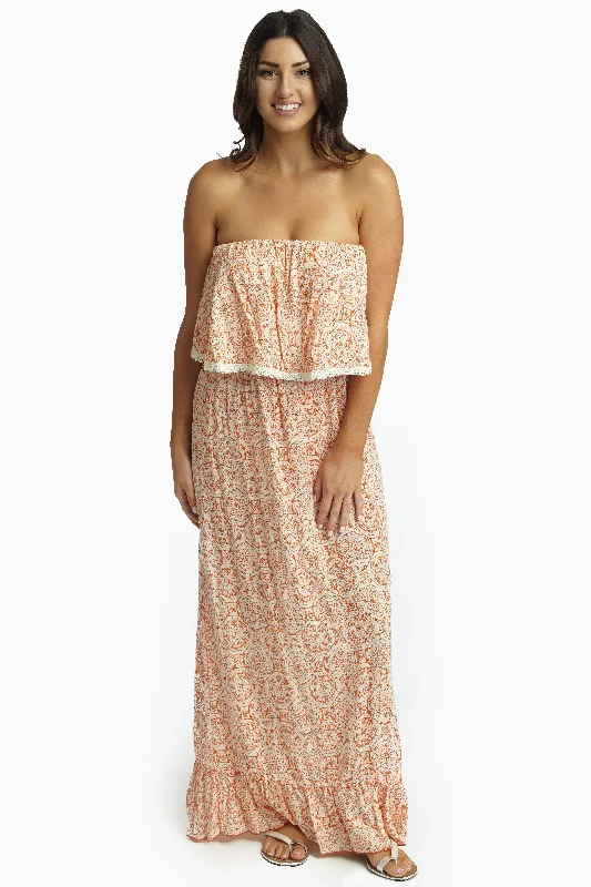 Orange Bohemian Crochet Trim Overlay Strapless Maxi Dress Trendy Maxi Dress with Belt Orange Bohemian Crochet Trim Overlay Strapless Maxi Dress Trendy Maxi Dress with Belt