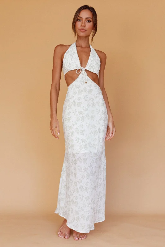 Paradise Found Cut-Out Midi Dress Floral Sage Chic Bohemian Midi Dress