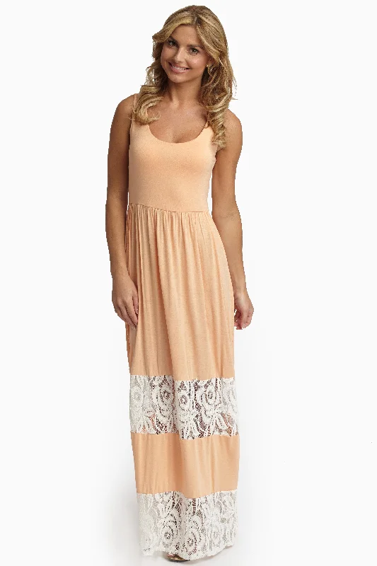 Peach Lace Colorblock Maxi Dress Trendy Short Sleeve Maxi Dress