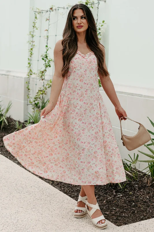 Phenomenal Fashion Drop Waist Floral Midi Dress (Apricot) Trendy Shift Midi Dress