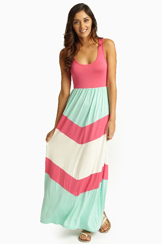 Pink Chevron Printed Bottom Maxi Dress Trendy Maxi Dress with Lace