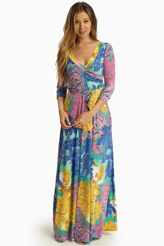 Pink Multi-Color Abstract Print Draped 3/4 Sleeve Maxi Dress Cozy Longline Maxi Dress Pink Multi-Color Abstract Print Draped 3/4 Sleeve Maxi Dress Cozy Longline Maxi Dress