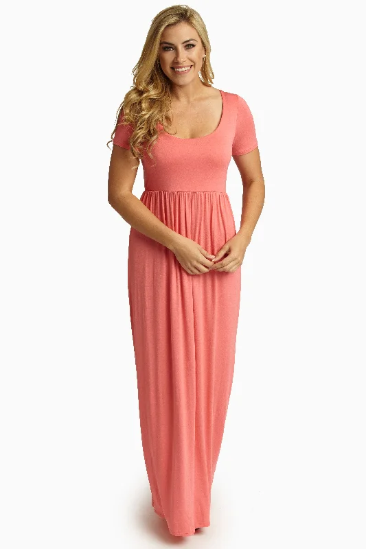 Pink Solid Short Sleeve Maxi Dress Trendy Ruffled Maxi Dress