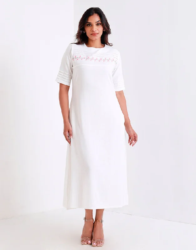 Pintuck Elegance Embroidery Midi Dress Fashionable High-Low Midi Dress
