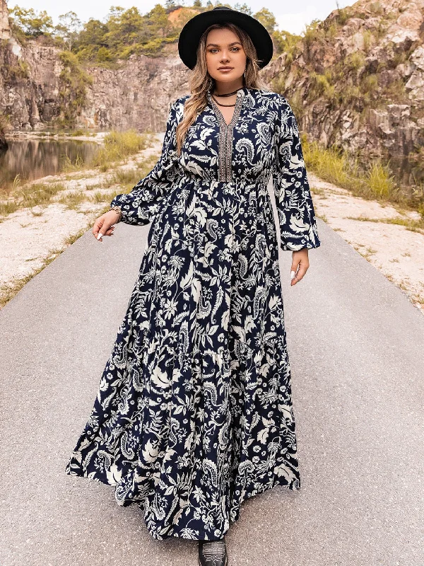 Plus Size Long Sleeve Maxi Dress Stylish Pleated A-Line Maxi Dress
