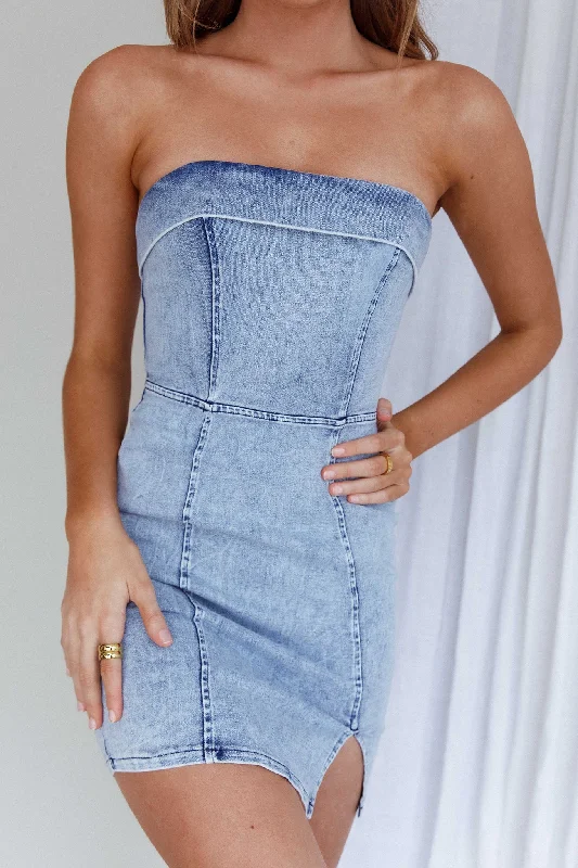 Press Play Strapless Mini Dress Denim Blue Cozy Knit Mini Dress