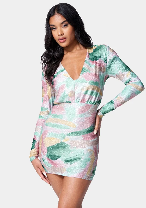 Printed Blouson Lurex Mini Dress Fashionable Boho-Chic Mini Dress
