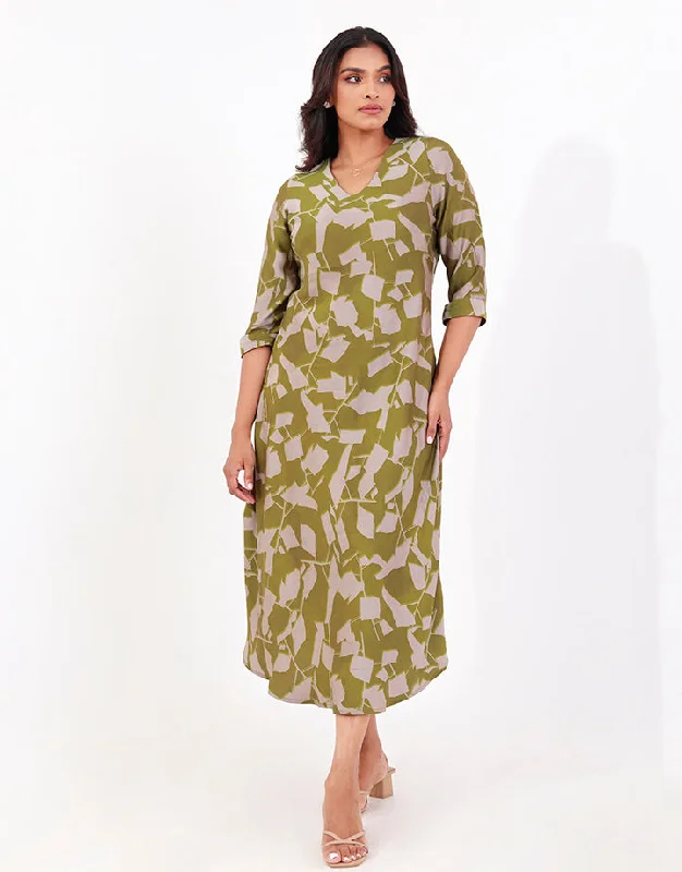 Printed V-Neck Midi Dress with ¾ Sleeves Comfortable Sleeveless Midi Dress