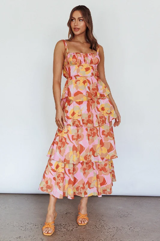 Provence Bloom Tiered Midi Dress Abstract Pink Multi Fashionable Off-Shoulder Dress Midi
