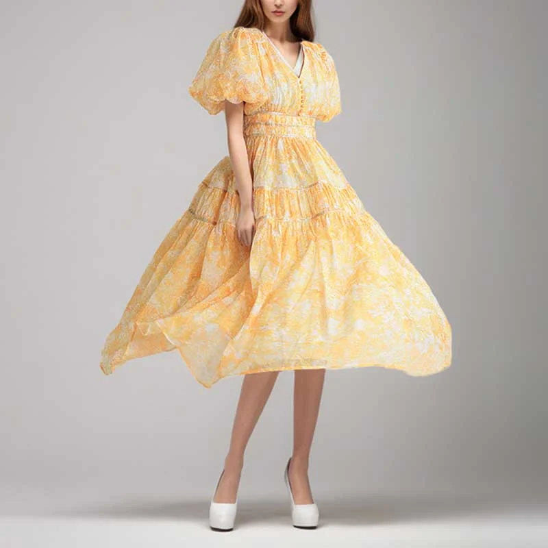 Puff Sleeve Midi Dress Yellow Stylish Satin Midi Dress