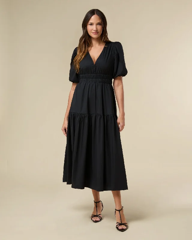 Puff Sleeve V-neck Poplin Midi Dress Trendy Bodycon Midi Dress