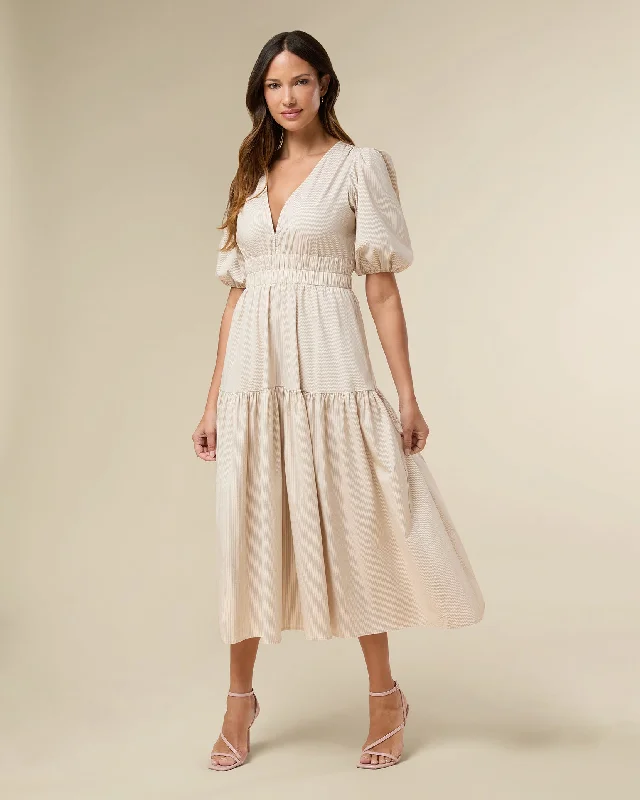 Puff Sleeve V-neck Poplin Midi Dress Trendy Long Sleeve Midi Dress