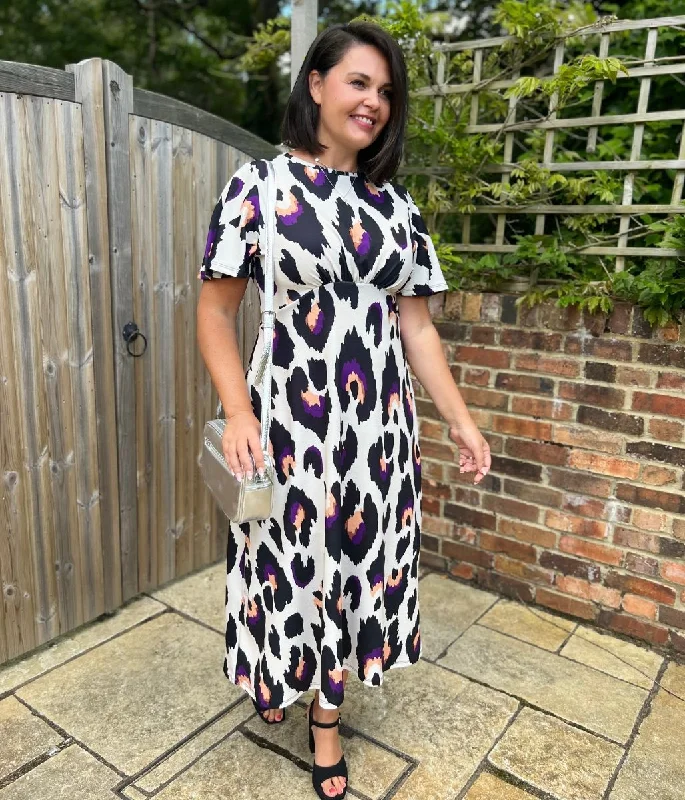 Ivory Leopard Kate Midi Dress Trendy Flared Sleeve Midi Dress