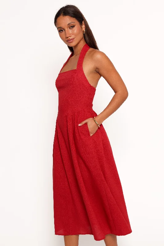 Ramona Halterneck Midi Dress - Red Chic Floral Print Midi Dress