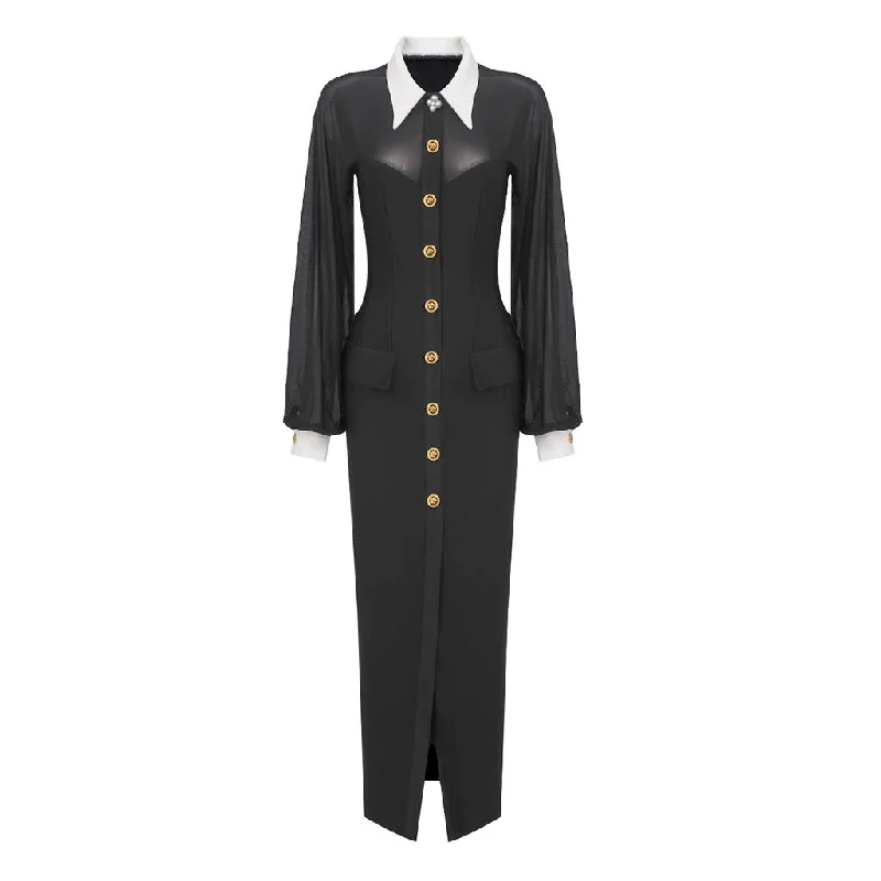 Rebellious Collared Sheer Mesh Blouson Sleeve Button Up Gown Maxi Dress Elegant Maxi Dress with Drapes