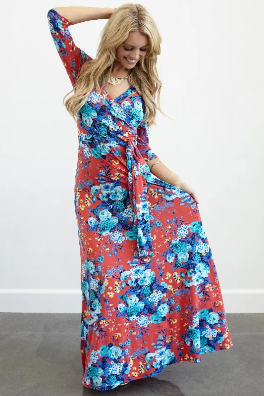 Red Floral Draped 3/4 Sleeve Maxi Dress Cozy Wrap Maxi Dress