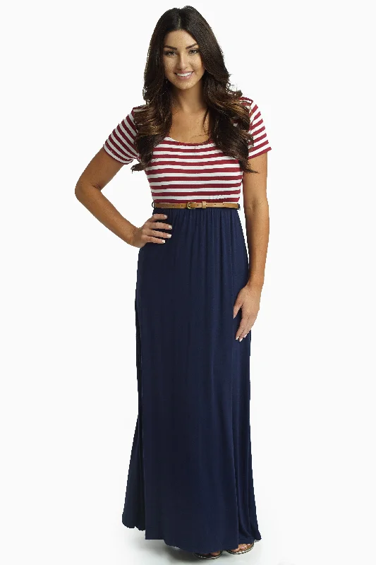 Red Striped Top Belted Maxi Dress Fashionable Printed Maxi Dress