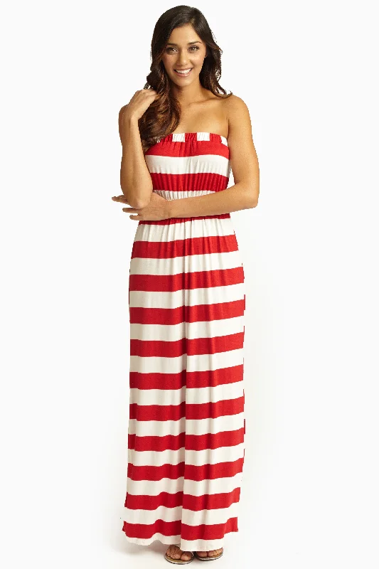 Red White Striped Strapless Maxi Dress Trendy Satin Maxi Dress