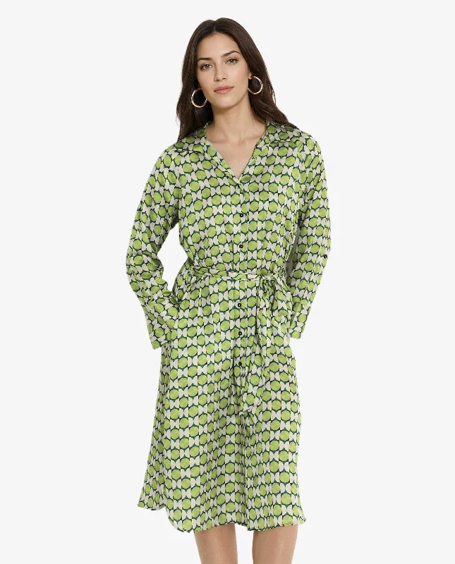 Rareism Women Regis Green Button Closure Raglan Sleeves Collared Neck A-Line Geometric Print Midi Dress Comfortable Button Front Midi Dress