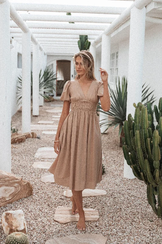 Ronnie Short Sleeve Midi Dress - Tan Stylish Off-Shoulder Ruffle Dress