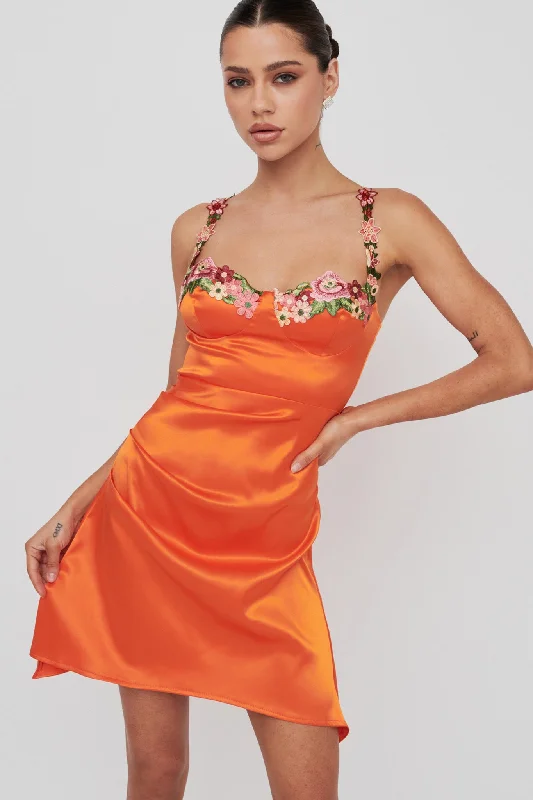 Rose Garden Floral Applique Pleat Mini Dress Orange Trendy Wraparound Mini Dress