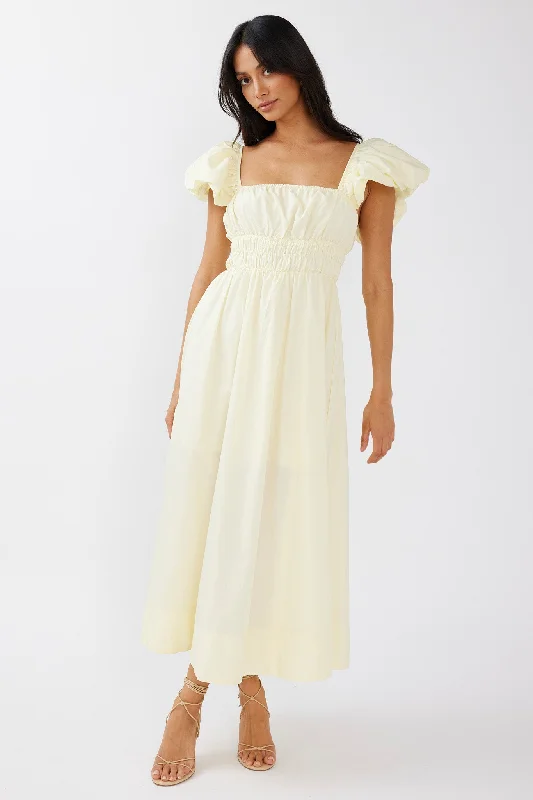 Rose Meadow Puffed Sleeve Midi Dress Banana Stylish High-Waisted Midi Dress