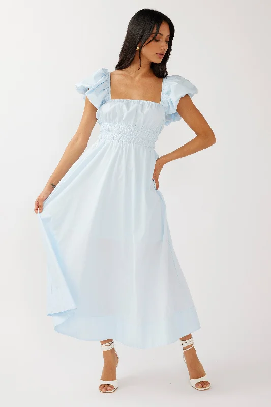 Rose Meadow Puffed Sleeve Midi Dress Blue Fashionable Chiffon Midi Dress