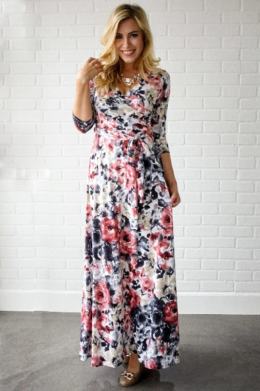 Rose Watercolor Floral Draped Maxi Dress Classic Solid Maxi Dress