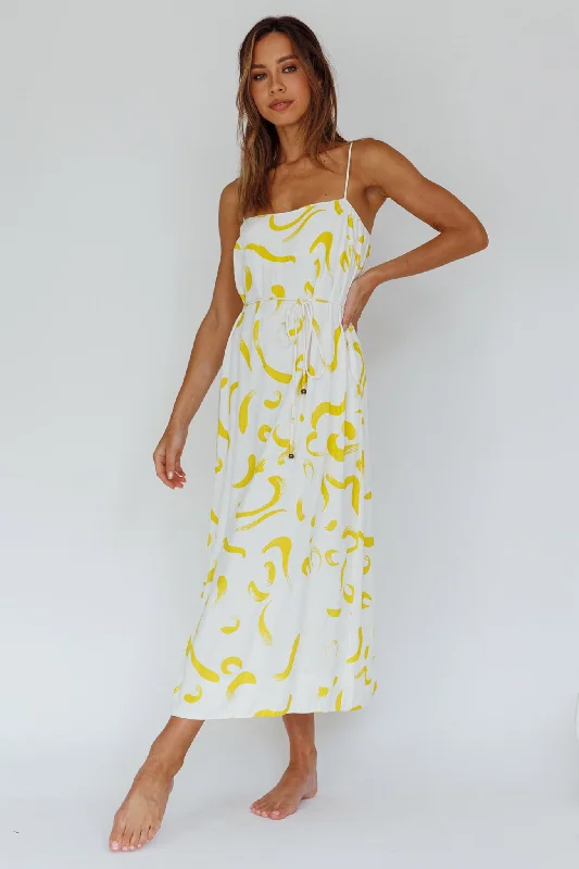 Rossy Waist Tie Midi Dress Printed Yellow Fashionable Pleated Midi Dress