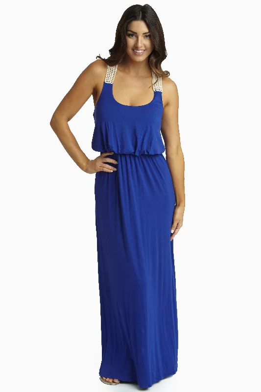 Royal Blue Crochet Back Maxi Dress Stylish One-Shoulder Maxi Dress