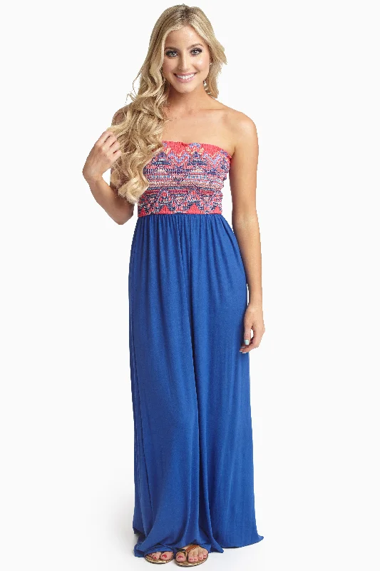 Royal Fuchsia Printed Top Strapless Maxi Dress Stylish Pleated A-Line Maxi Dress