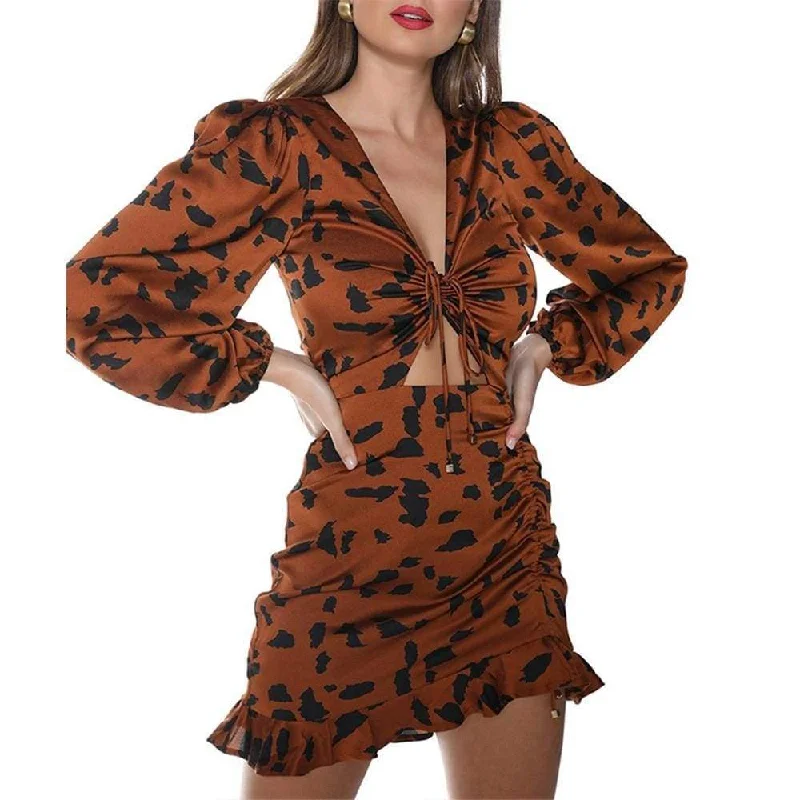 FashionSierra - Ruffles Leopard Spring Dresses Elasticated Wristband Mini Dresses Fashionable Mini Dress with Pockets