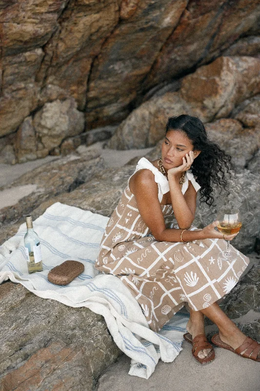 Sarelle Midi Dress - Tan Soleil Print Elegant Satin Midi Dress