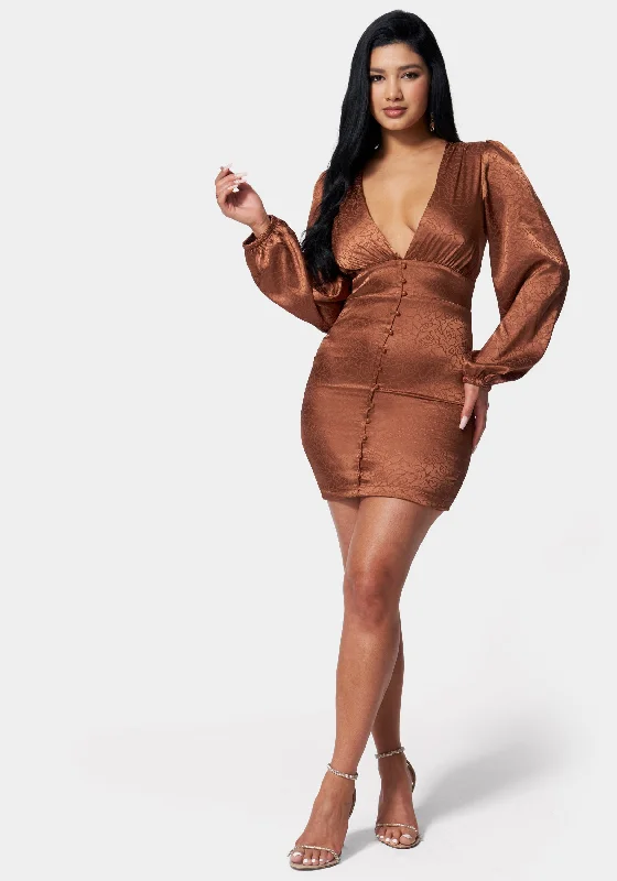 Satin Button Up Jacquard Mini Dress Stylish Sweetheart Mini Dress