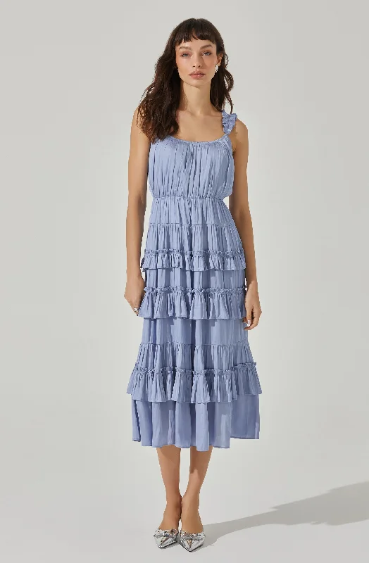 Satin Tiered Midi Dress Trendy Ruched Side Midi Dress