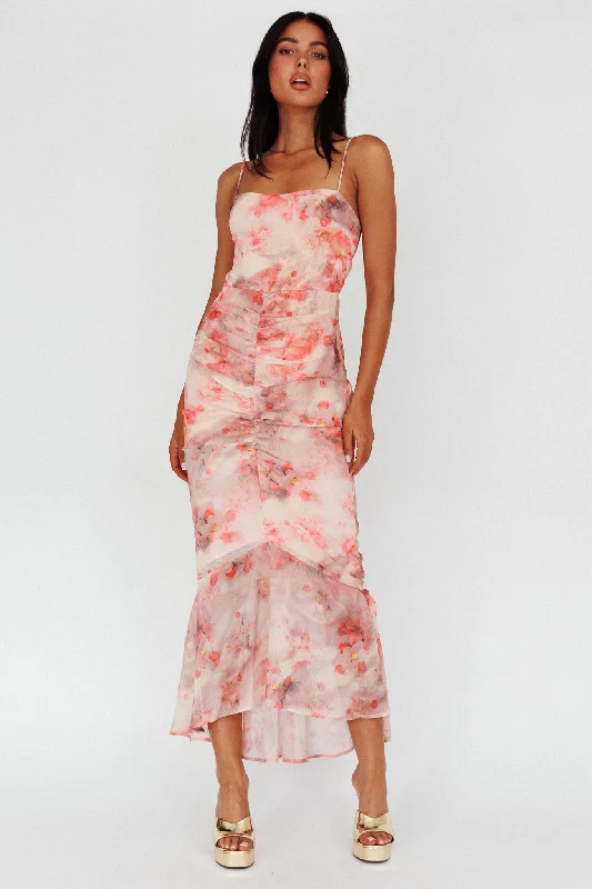 Sayna Ruched Front Midi Dress Floral Pink Comfortable Ruched Midi Dress